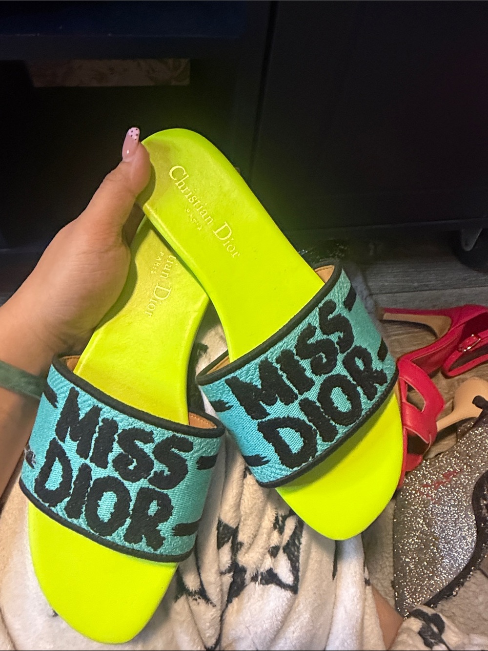 Dior Neon Yellow and Turquoise 'Miss Dior' Slide Sandals